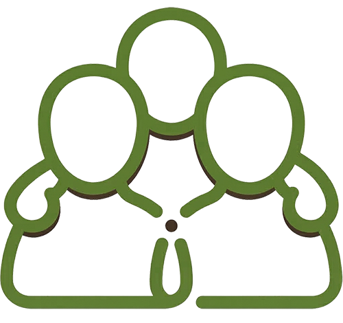 Green line-art icon showing three abstract figures standing together with their arms around each other.