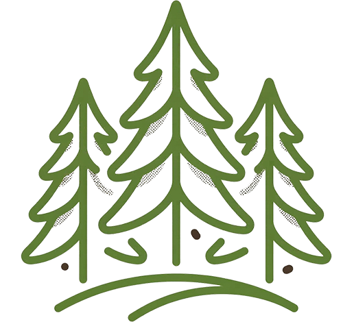 Green line-art icon depicting three pine trees standing in the woods.