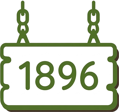 Green line-art icon of a hanging wooden sign displaying the year 1896.