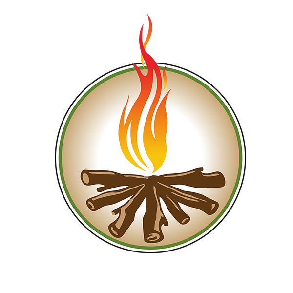 Circular graphic icon depicting a stylized campfire with orange and yellow flames over brown logs.