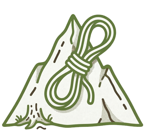 Green line-art icon of a coiled climbing rope resting against a mountain peak.