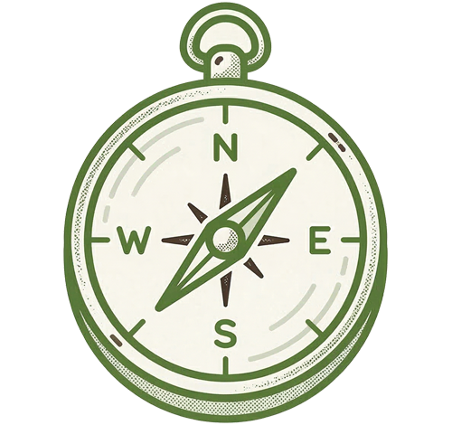 Green line-art icon of a classic navigational compass pointing North East.