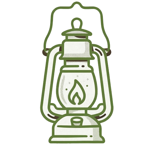 Green line-art icon of a vintage, glass camping lantern with a flame inside.