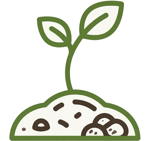 Green line-art icon of a small, two-leaf plant sprouting out of the soil.