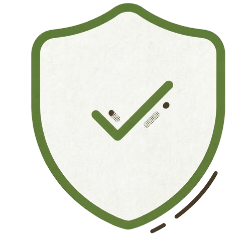 Green line-art icon of a secure shield containing a checkmark.