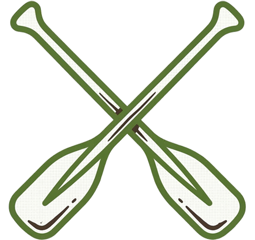 Green line-art graphic icon showing two crossed canoe paddles.