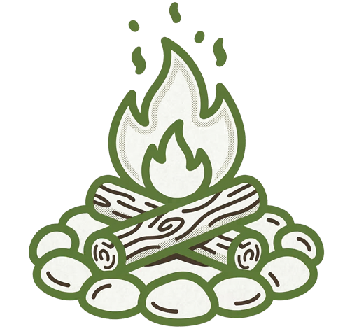 Green line-art icon of a crackling campfire surrounded by a ring of stones.