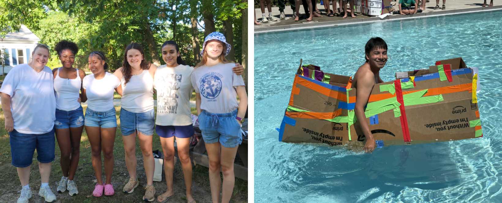 A group of female camp counselors smiling together, alongside a male counselor playing in a cardboard boat in the camp pool.