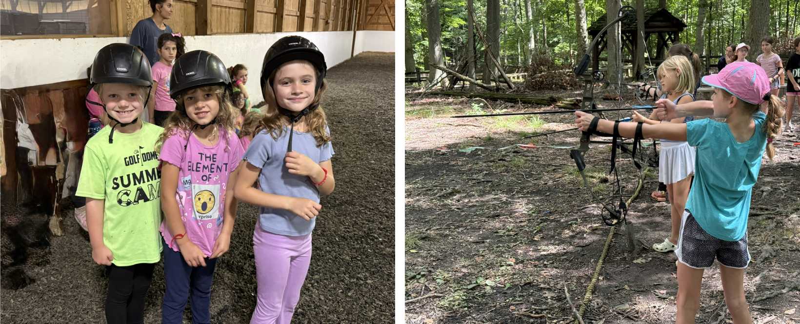 Young children participating in horseback riding and archery activities at summer camp.